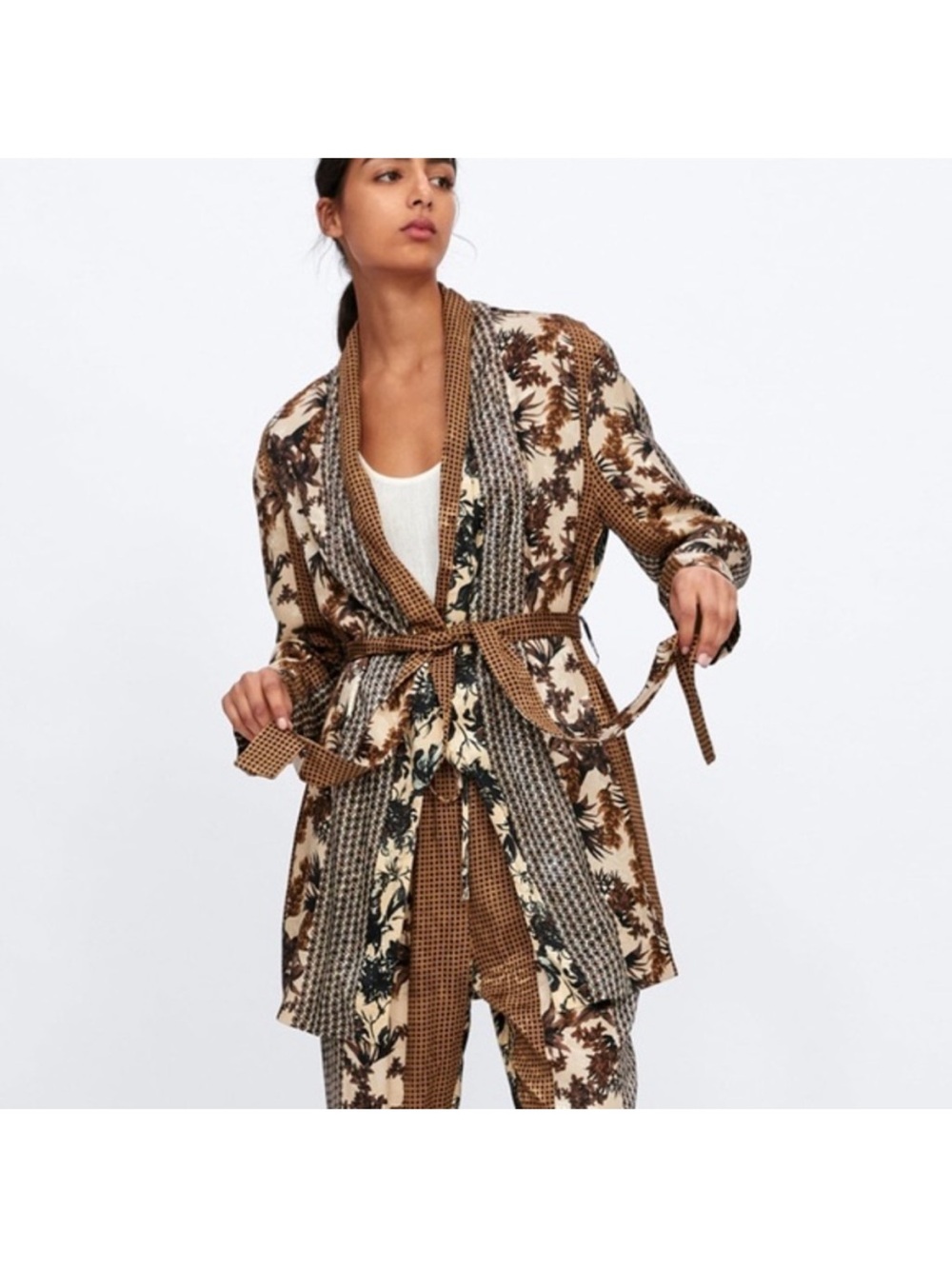 Zara Mixed Brown Tan Floral & Square Print Jacquard Belted Dressing Robe
